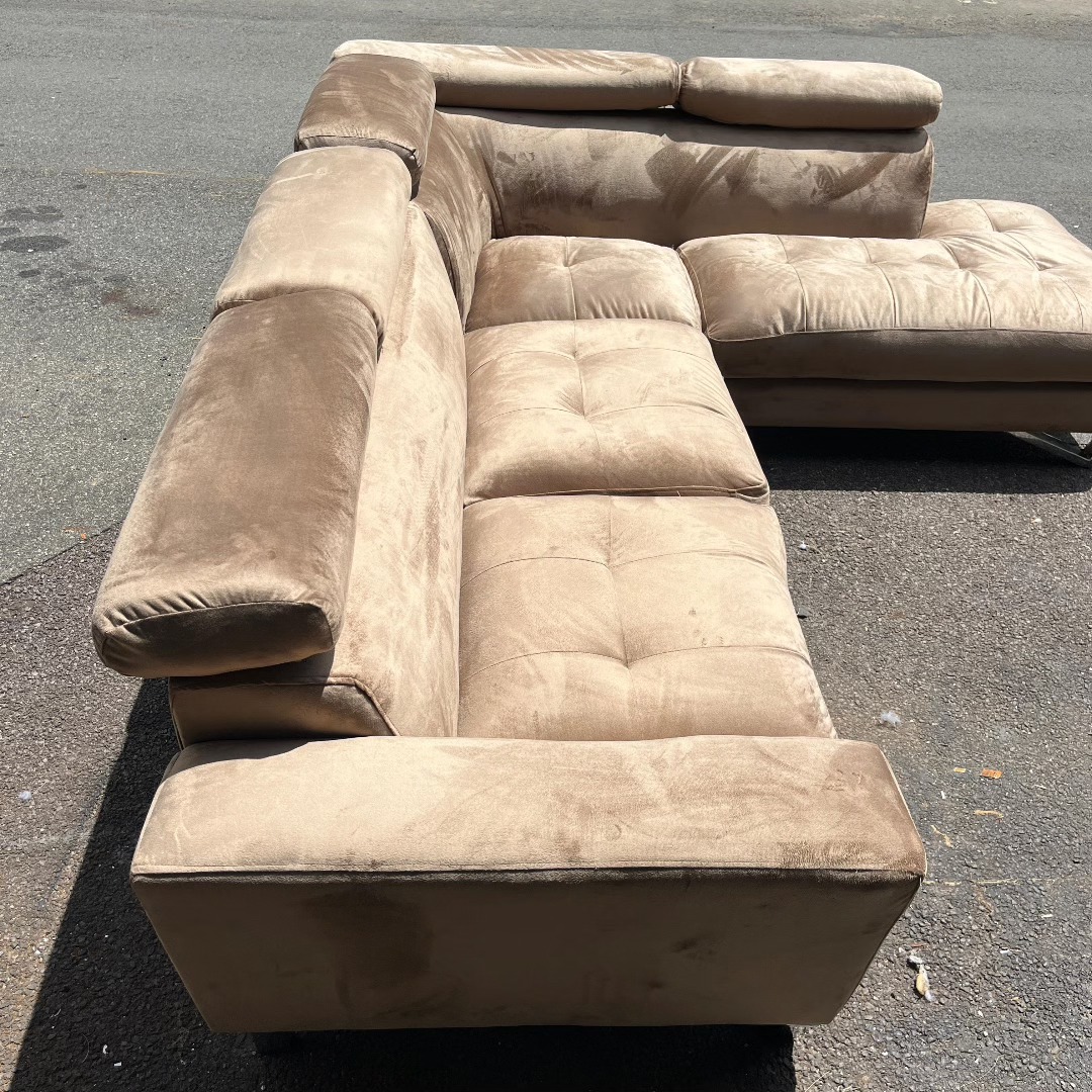 Mocha suede L-shape sectional couch after reupholstery by Wan-Puck Upholstery