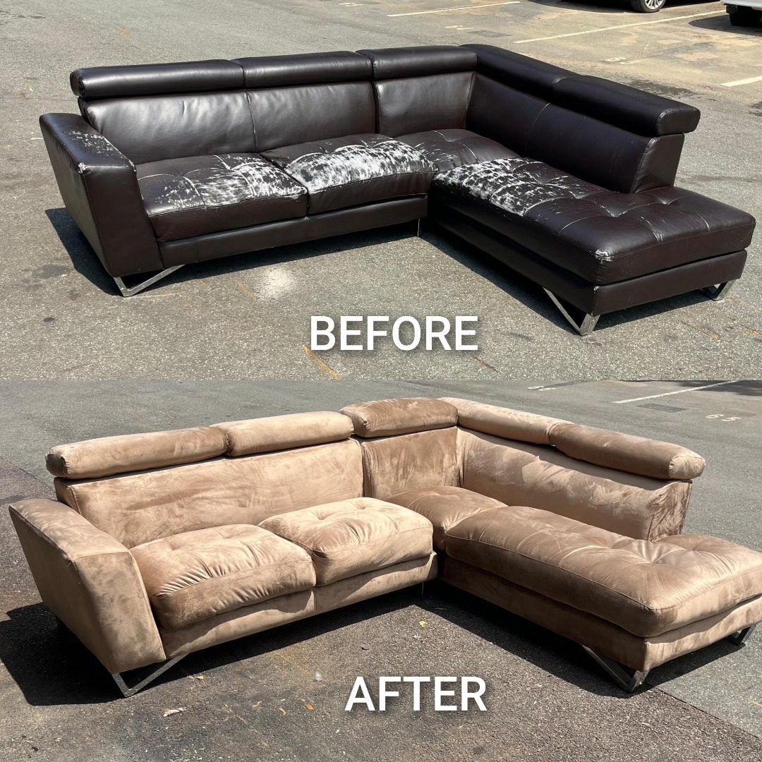 Before and after: worn dark-brown leather sectional transformed into mocha suede