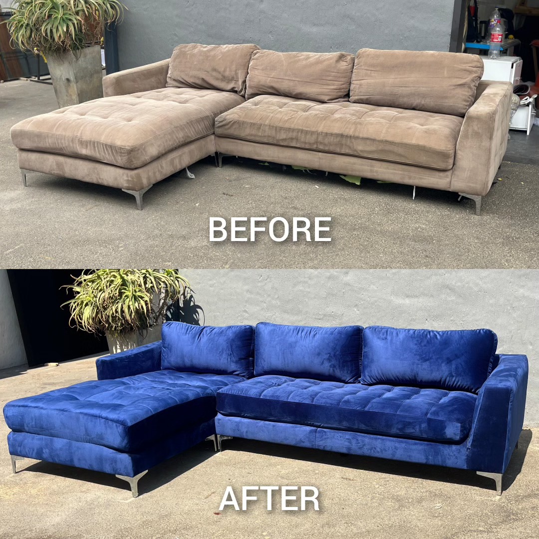 Before and after of the L-shape sectional: brown suede transformed to blue velvet