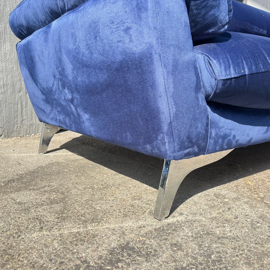 Blue velvet 3-seater couch after reupholstery by Wan-Puck Upholstery